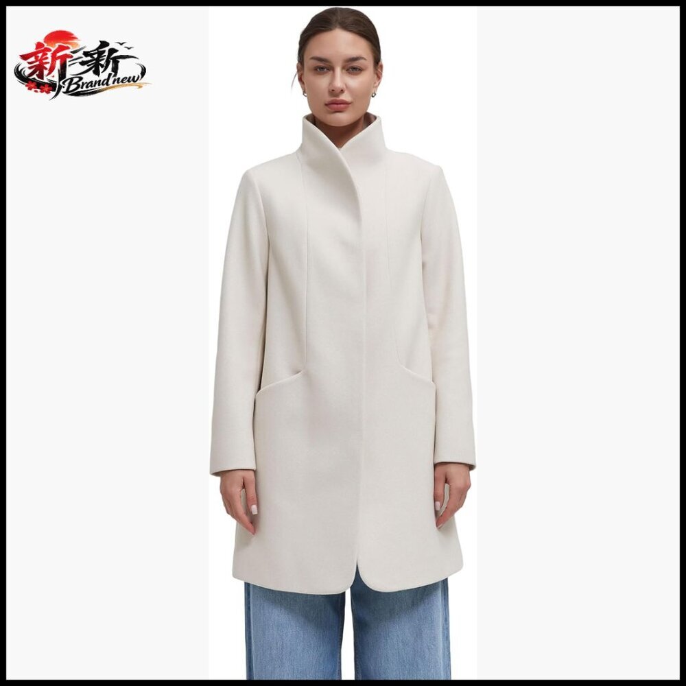 Polyester Trench Coat with Hidden Button Stand Collar Mid-Length Overcoat